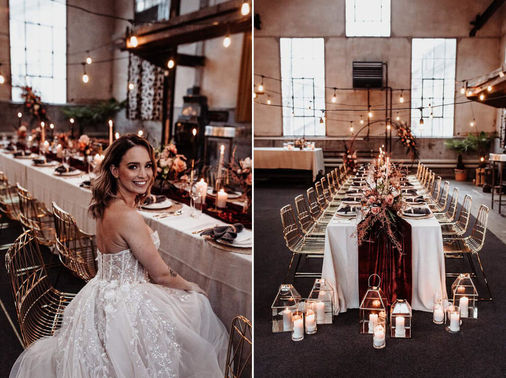 Boho Hochzeitstafel mit Lucy Wire Drahtstühlen in Gold - Tobias Tumac Photography – gesehen bei frauimmer-herrewig.de